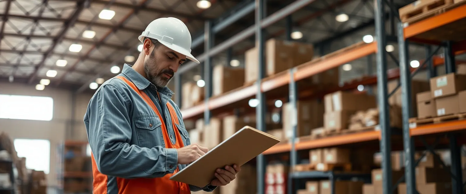 Man in the warehouse checking label printing.